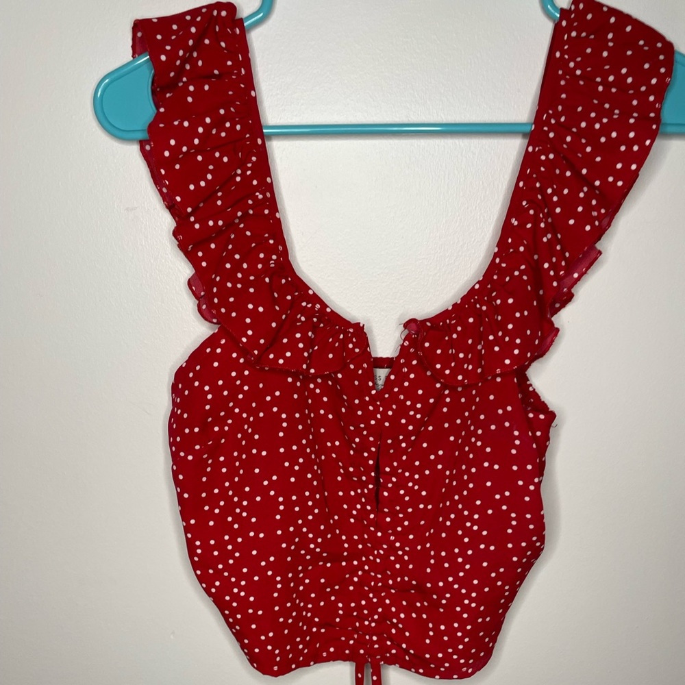 Red polka dot off the shoulder crop top